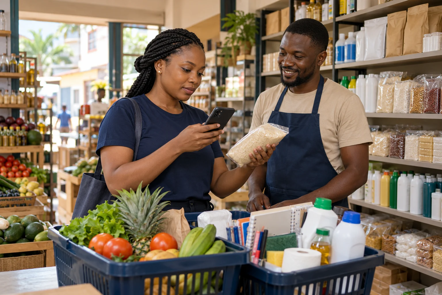 Une professionnelle vérifie un article en magasin pour un achat personnalisé alimentaire et non alimentaire