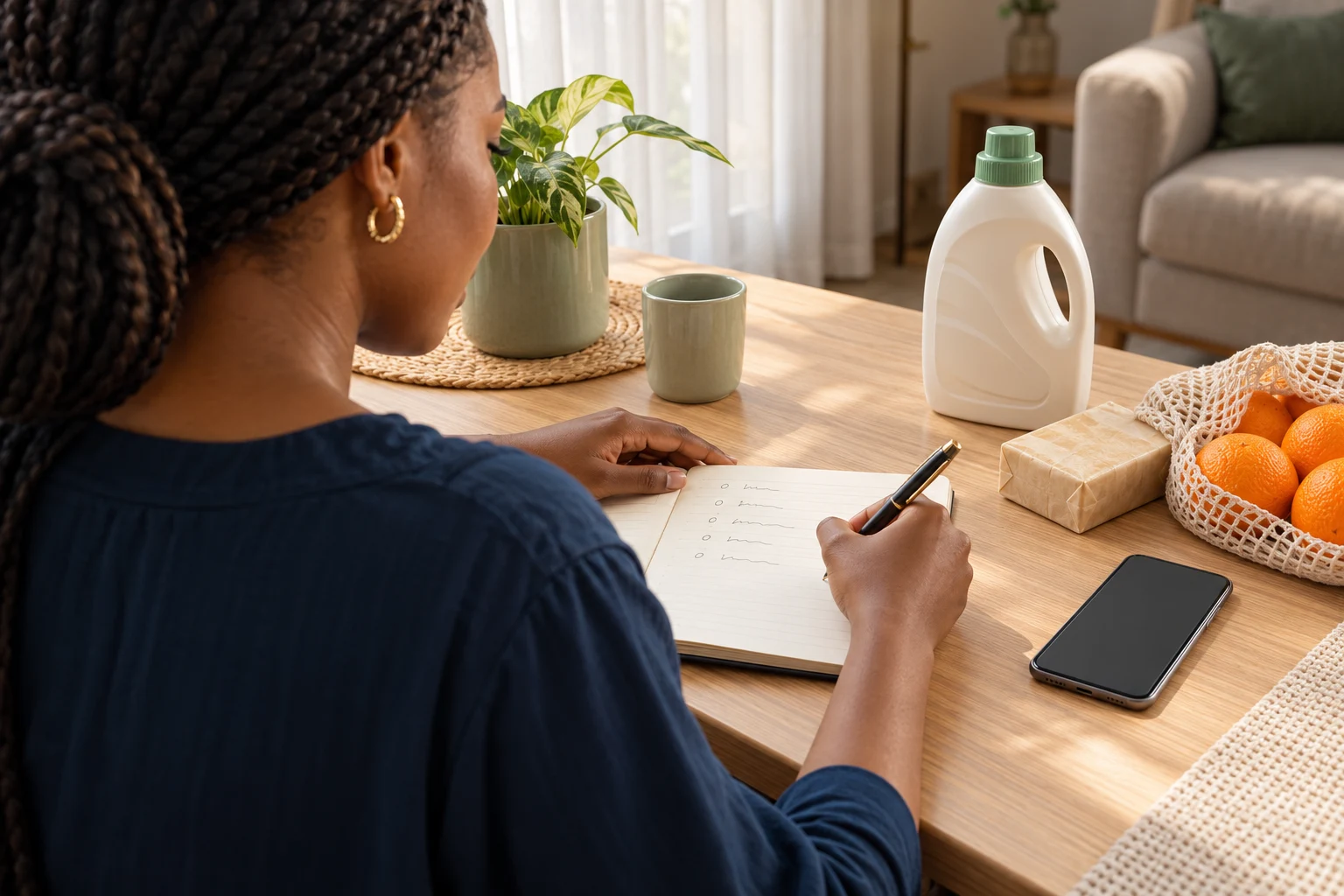 Une cliente prépare sa liste de courses à la maison dans un carnet, avec son téléphone